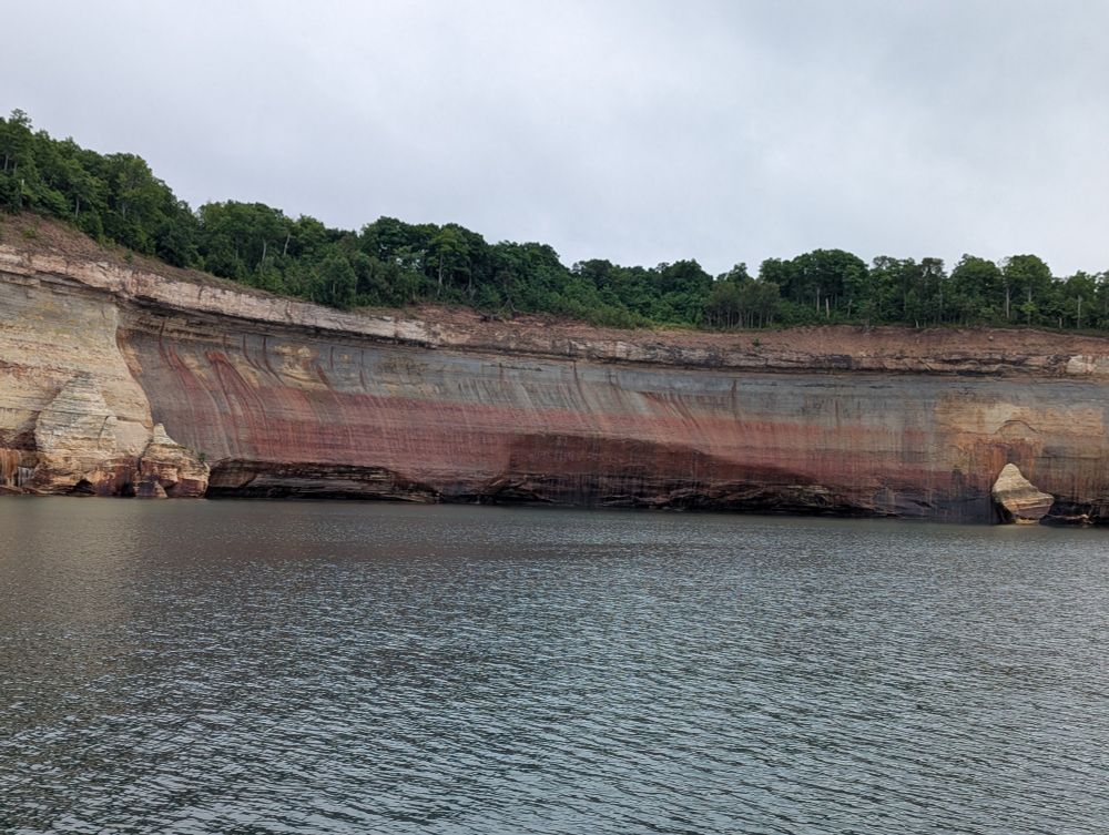 180' high cliffs going into Lake Superior, various colors from the various minerals