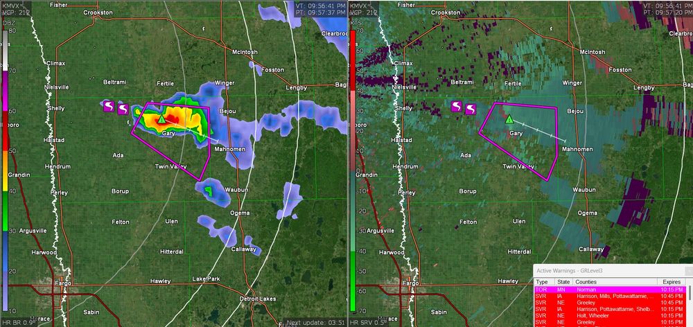radar snip of a tornado warned cell that's northeast of Fargo and heading towards the White Earth Indian Reservation. there have been two earlier confirmed tornado sightings from this cell