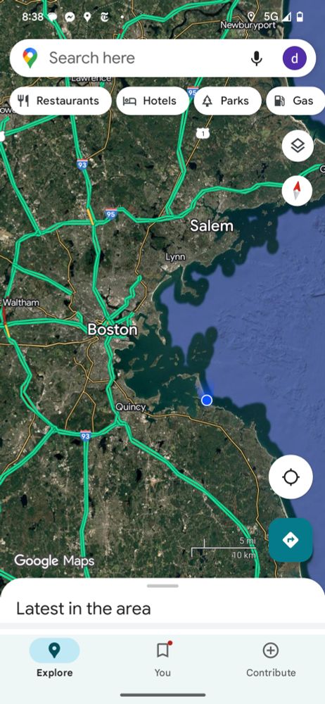 Screen shot of my Google map location, we're at the blue dot just SE of Boston 