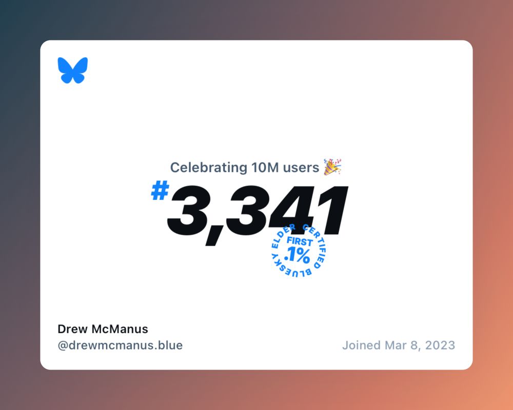 Generated graphic from Bluesky that shows I was user number 3,341 and that I joined on March 8, 2023. Bluesky now has over ten million users.
