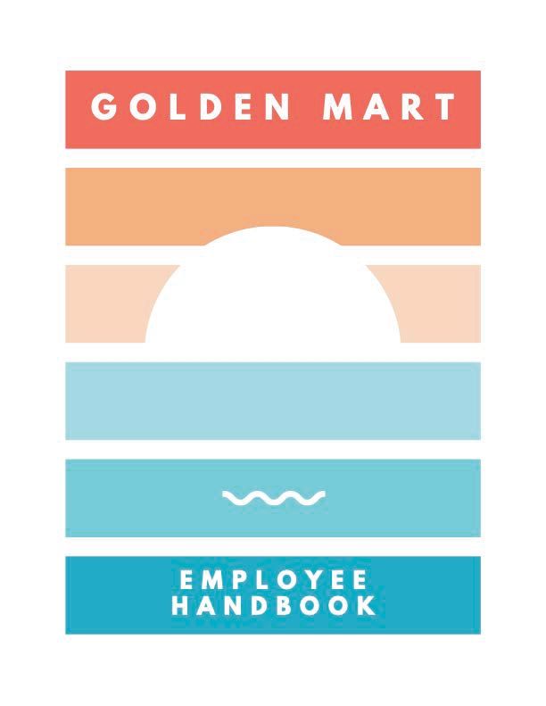 Golden Mart employee handbook. White with minimalist sunset graphic. This is the cover for a solo tabletop RPG by Carly Kocurek and Mike DeAnda.