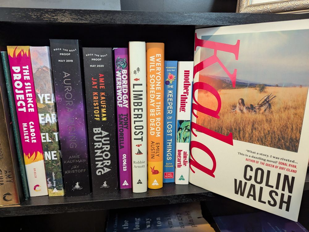 A shelf of books I've worked on: The Silence Project, The Other Valley, Aurora Rising, Aurora Burning, Bored Gay Werewolf, Limberlost, Everyone in This Room Will Someday Be Dead, The Keeper of Lost Things, Motherthing, Kala