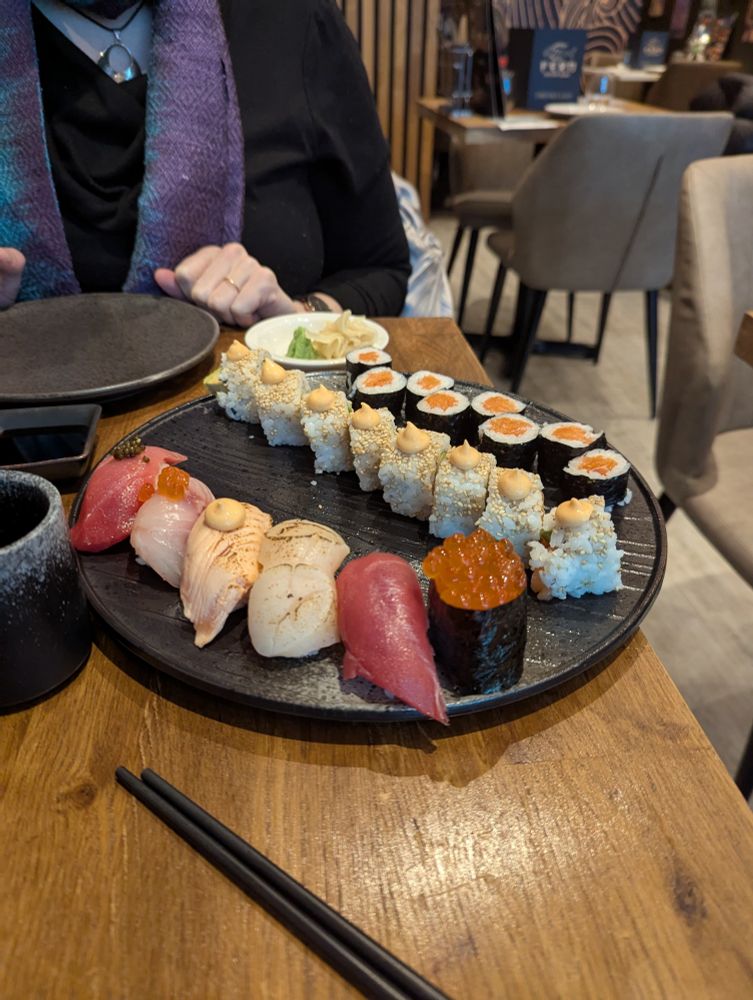 A huge platter of colourful sushi
