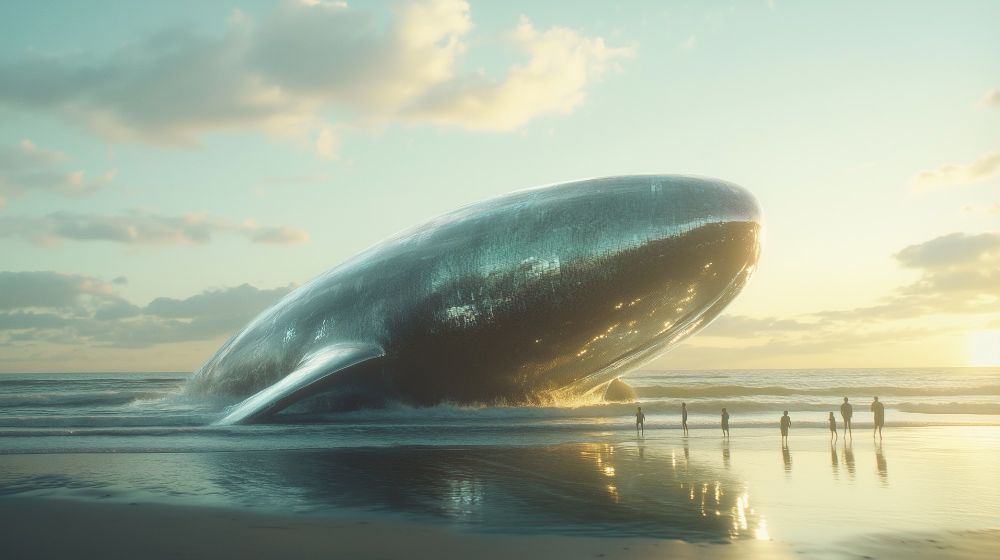 Ein surreales digitales Kunstwerk zeigt einen gestrandeten Riesenwal an einem Strand bei Sonnenuntergang. Der massive Wal liegt teilweise im Wasser, während kleine Silhouetten von Menschen am Strand stehen und das gewaltige Wesen betrachten. Der Himmel ist in warmen Pastelltönen gehalten, mit sanften Wolken, und das Sonnenlicht spiegelt sich im nassen Sand. Die Größenverhältnisse zwischen Menschen und Wal sind dramatisch übertrieben, was dem Bild eine fantastische, fast science-fiction-artige Atmosphäre verleiht
