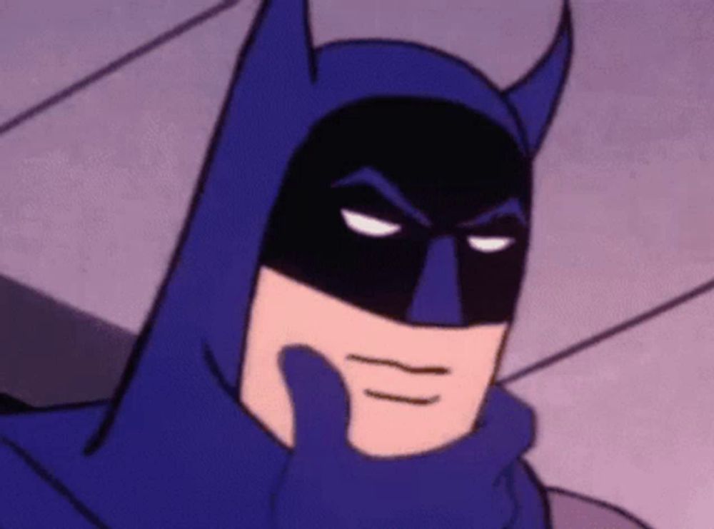 a close up of a cartoon batman thinking with his hand on his chin