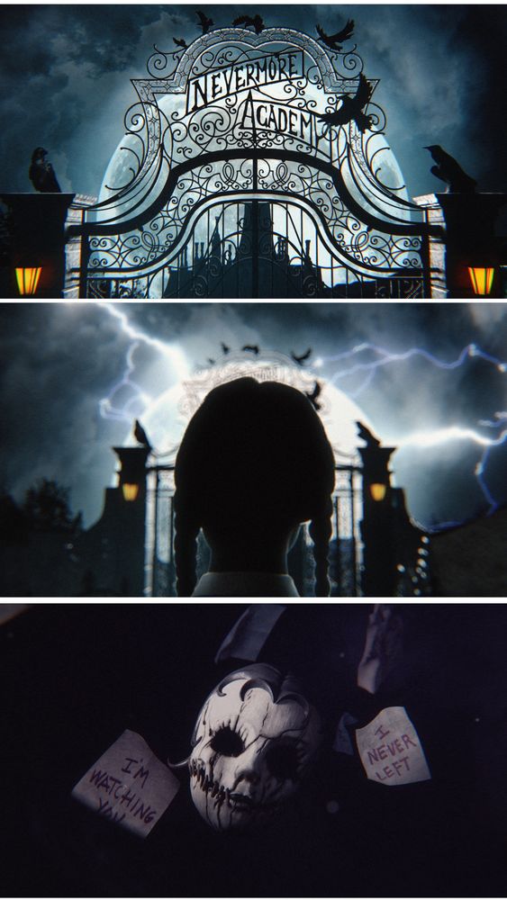 wednesday addams infront of nevermore academy gates and a stalker mask 
