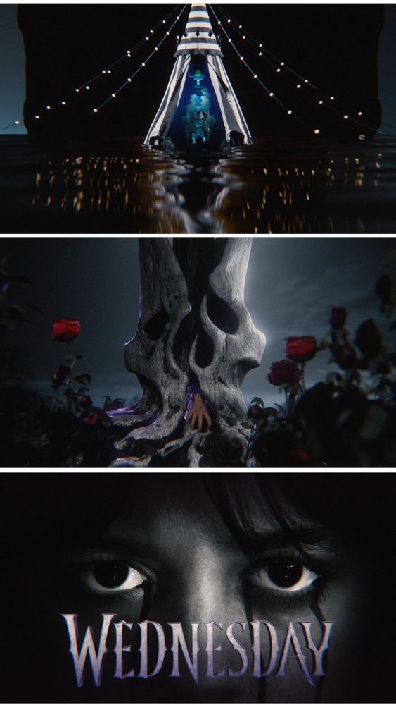 A doll inside a tent getting shocked, a skull shaped tree with the Thing running in a field of roses, and Wednesday Addams face with the logo of the show.