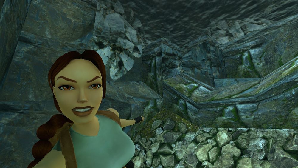 Lara Croft is making a selfie underwater.