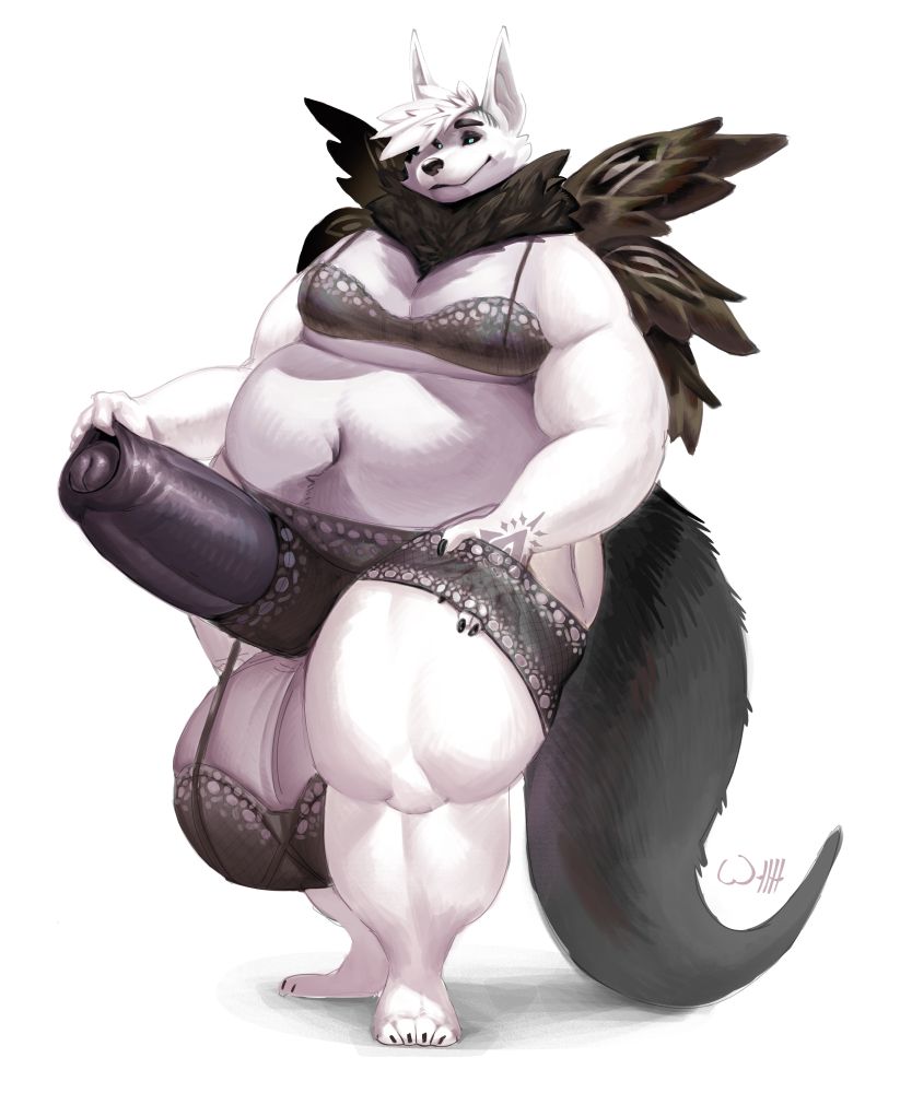 deimos standing and tugging up his foreskin on his hyper dick, wearing a lace bra and ball bra