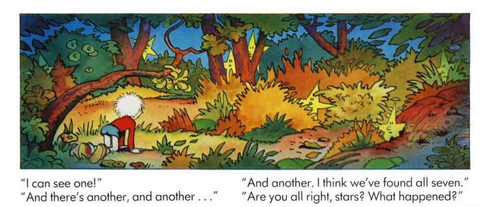 A young boy with white hair, wearing a red sweater, blue shorts and red sneakers crouching in the grass. In front of him, half hidden behind bushes and branches, little stars with cute faces are looking at him.