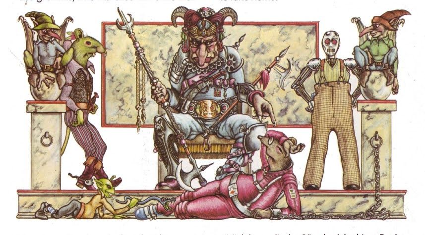Waldorf the mouse in a spacesuit, lies in front of the goblin king on his throne, surrounded by a red eyed green rat in a rogue suit, a chrome robot wearing badly tailored trousers with suspenders, two small winged goblins with pointy hats. Behind them, a marble slab that suspiciously looks like blue cheese.