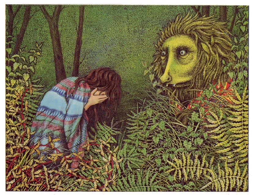 In a dense forest, a frightened girl in a blue and patterned cape hide her face from a big green beast looking straight at her. The beast has two sharp teeth, big round eyes and a long and low nose, and a mane that looks like wild grass. By Alan Baker, beauty and the beast, 1983.