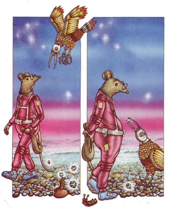 Waldorf the space mouse holding a bag full of jewels, but the bag has a hole and the stones are falling on the ground. A robot bird flies to him and pick a jewel in its beak.