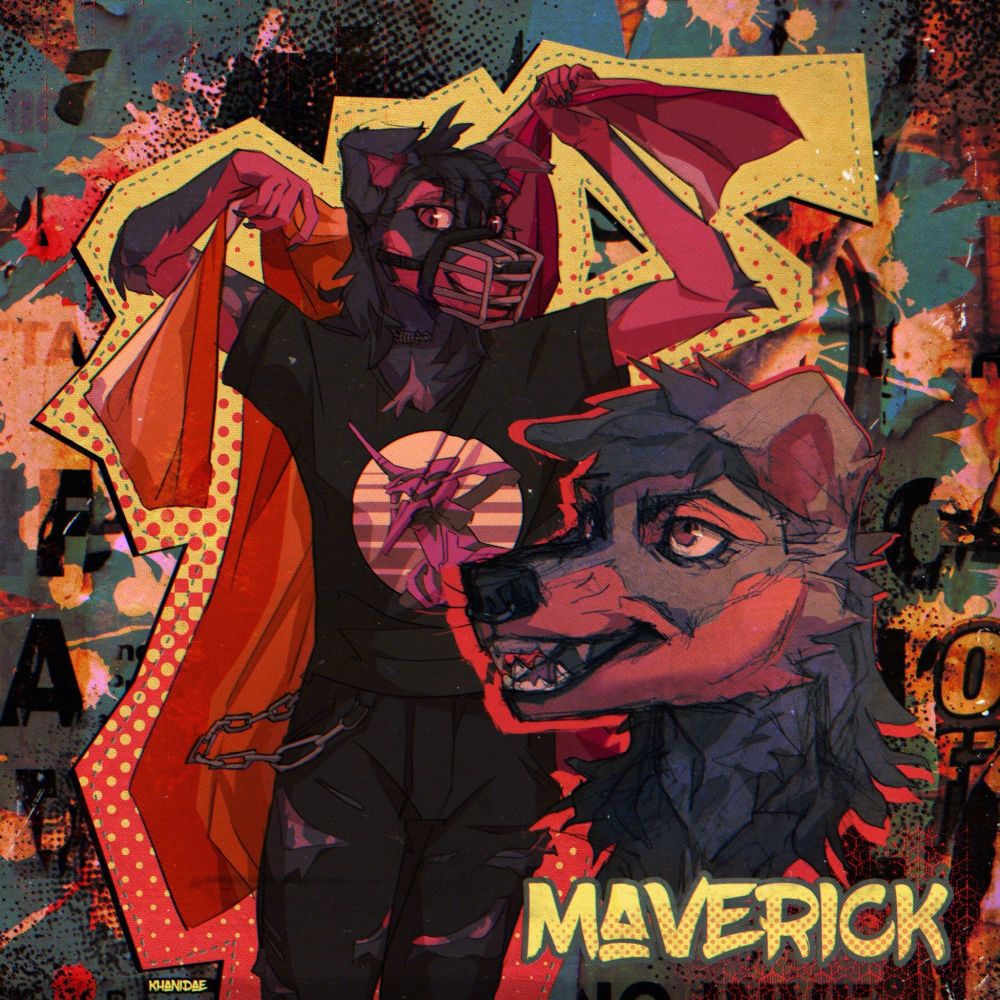 A colorful collage of a beauceron anthro in an NGE shirt holding up the lesbian pride flag and a headshot of the same character on the right with the name Maverick below it