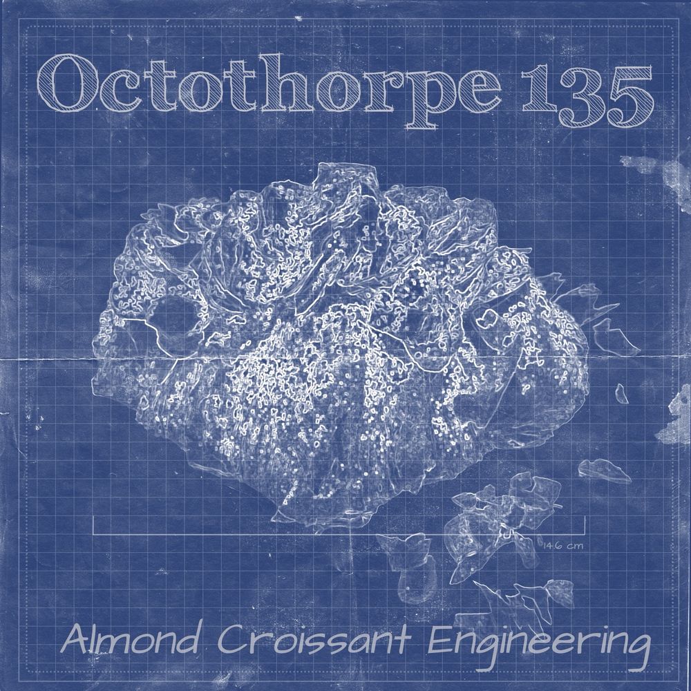 A blueprint of an almond croissant with “Octothorpe 135” written at the top and “almond croissant engineering” at the bottom.