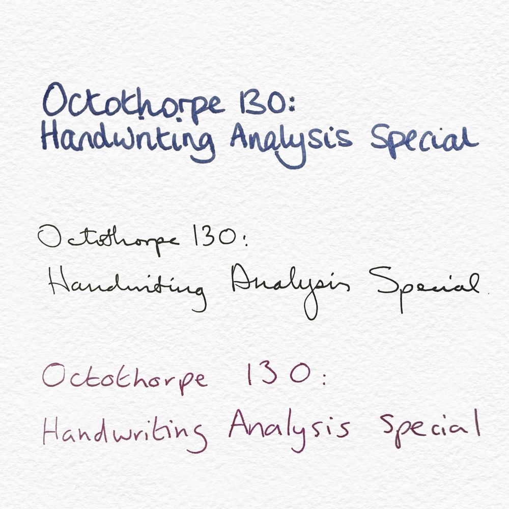 The words “Octothorpe 130: Handwriting Analysis Special” appear three times in the three hosts’ handwriting.
