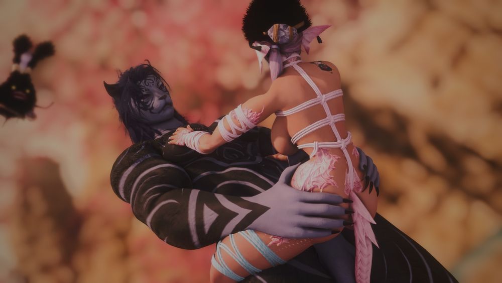 Sylari with her legs wrapped around the hips of croire, and them holding onto her by her own hips, the massive hard cock now resting between sylari's ample tits, looking each other in the eye, Sylari has one hand on a tit of croire's, thumb teasing their nipple