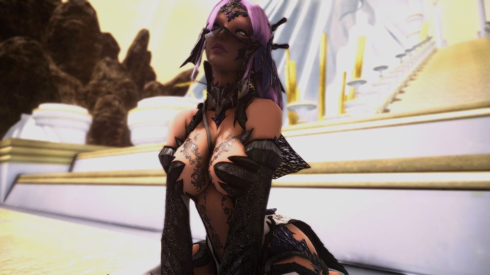 Sylari on her knees wearing a skimpy almost perverse take on a priestess/nun outfit, with veil over her face, and ample cleavage on display. no spriggan hat, or midna to be found.