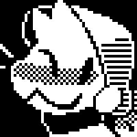 a pixel-art rendition of macamo, smiling and winking. The pixel art is in black and white in the same style as an undertale character portrait!