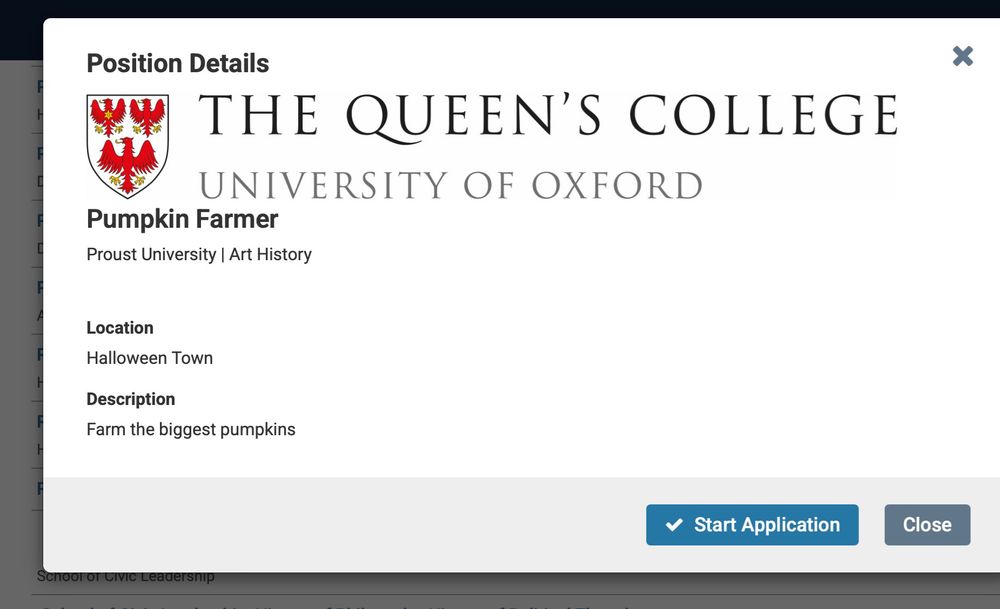 Screenshot of interfolio job listing for Queen’s College, University of Oxford. The job location is “Halloween town” and the description reads “farm the biggest pumpkins.” At the top it says “pumpkin farmer”
