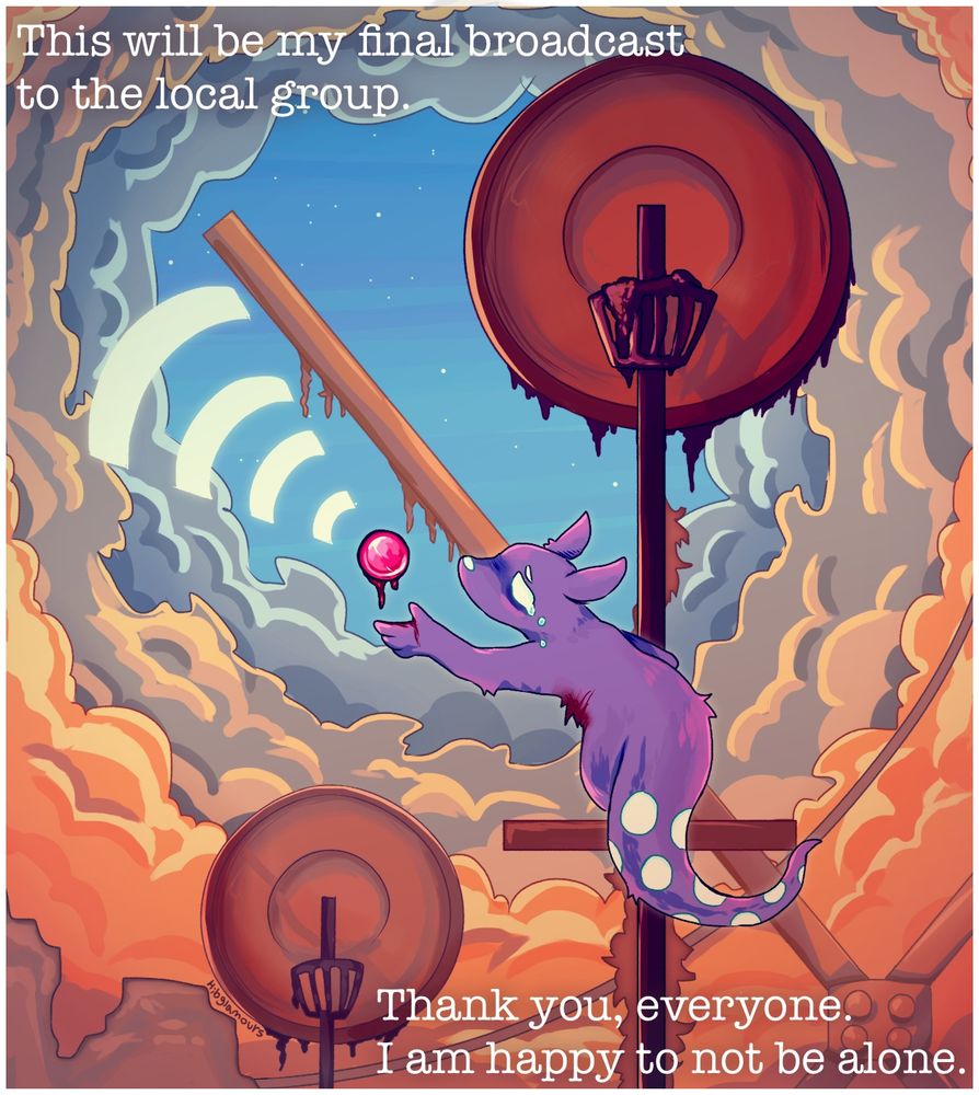 The spearmaster from Rainworld clinging to the tower of communications array. They are releasing a communication pearl into the air, and they look sad. Text on the screen reads, "This will be my final broadcast to the local group. Thank you, everyone. I am happy to not be alone." 