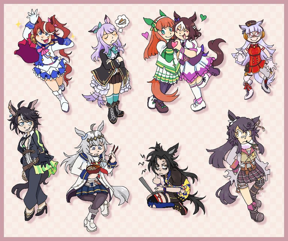 A bunch of drawings of horse girls from Umamusume. From top left to right: Tokai teio, Mejiro Mcqueen, Silence Suzuka and Special Week (together) and Gold Ship. From bottom left to right: Fuji Kiseki, Oguri Cap, Air Shakur, and Narita Brian