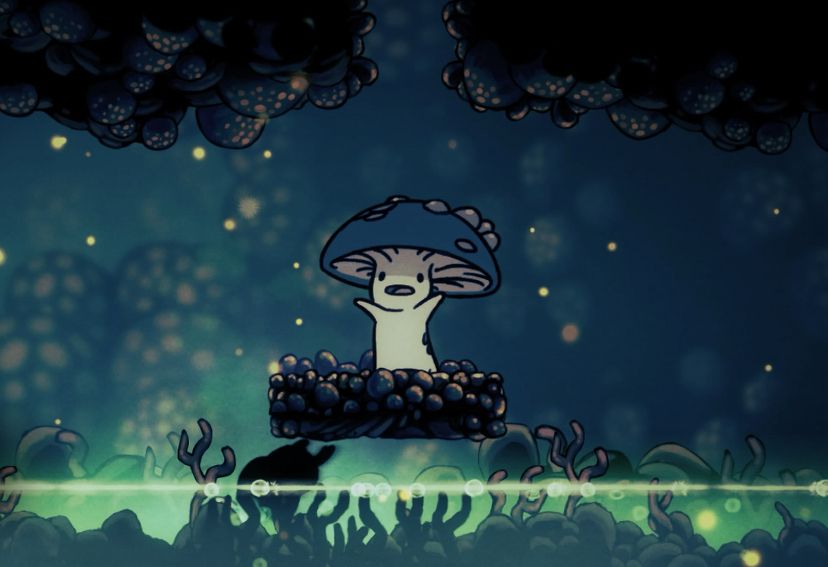 A little mushroom man is standing on a platform above a lake and raising his arms in Hollow Knight.