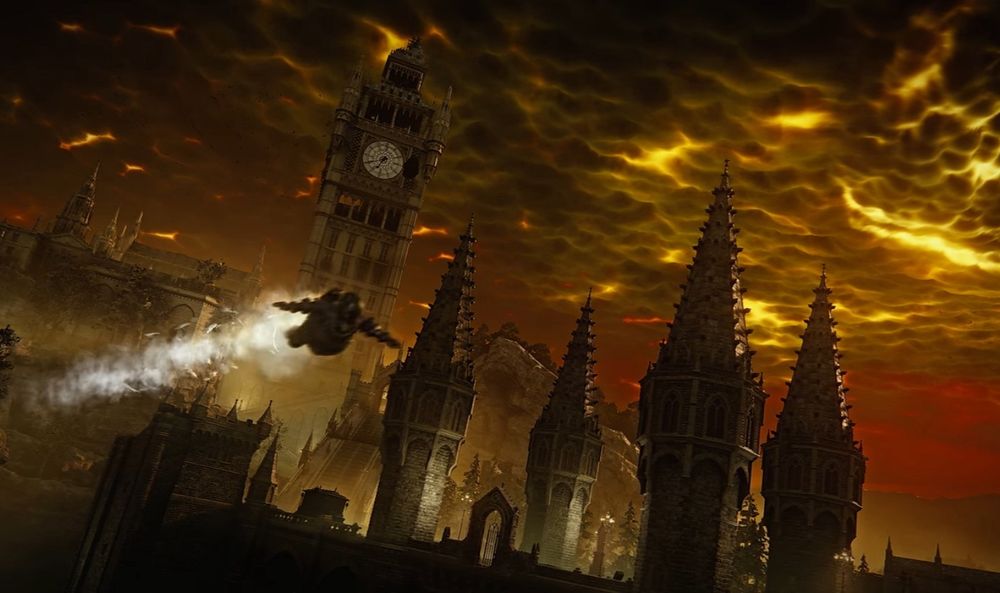 A character wearing armour and flying through the air with a Jetpack in The Duskbloods Nintendo Direct trailer