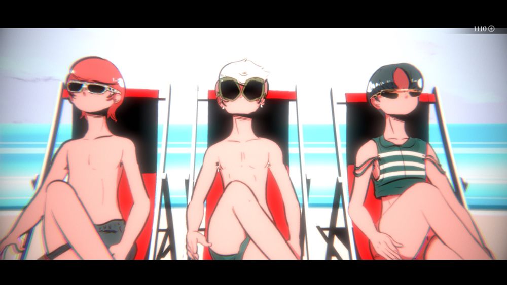 From left to right: Claudio, Andrea and Mida in Mediterranea Inferno. They’re sitting on deck chairs wearing sunglasses and swimming trunks