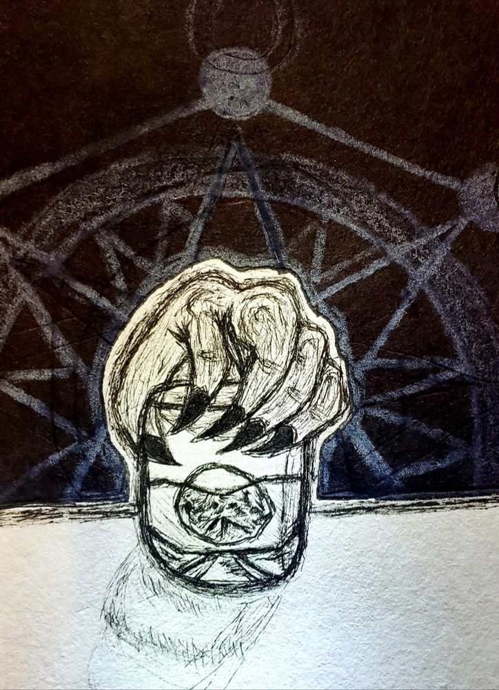 A demonic hand emerges from a summoning circle to grab a glass of liquor.