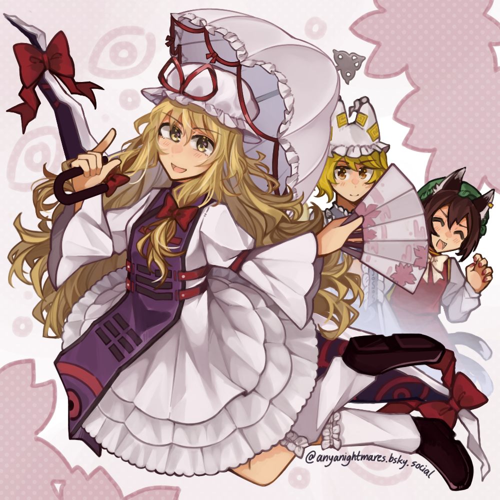 yukari from touhou project in front of a gap in front of ran who is in front of chen