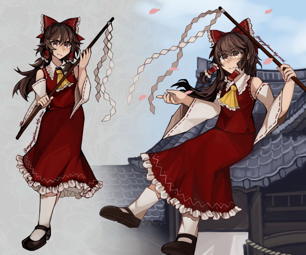 reimu from touhou project standing as well as sitting on the roof of her shrine (not drawn to scale sadly)