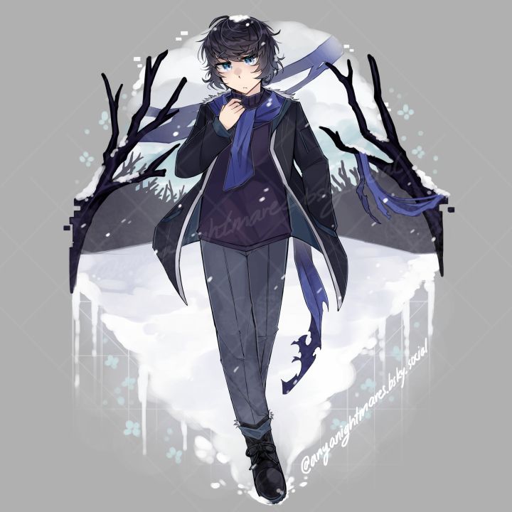 anime boy with blue scarf in front of snow