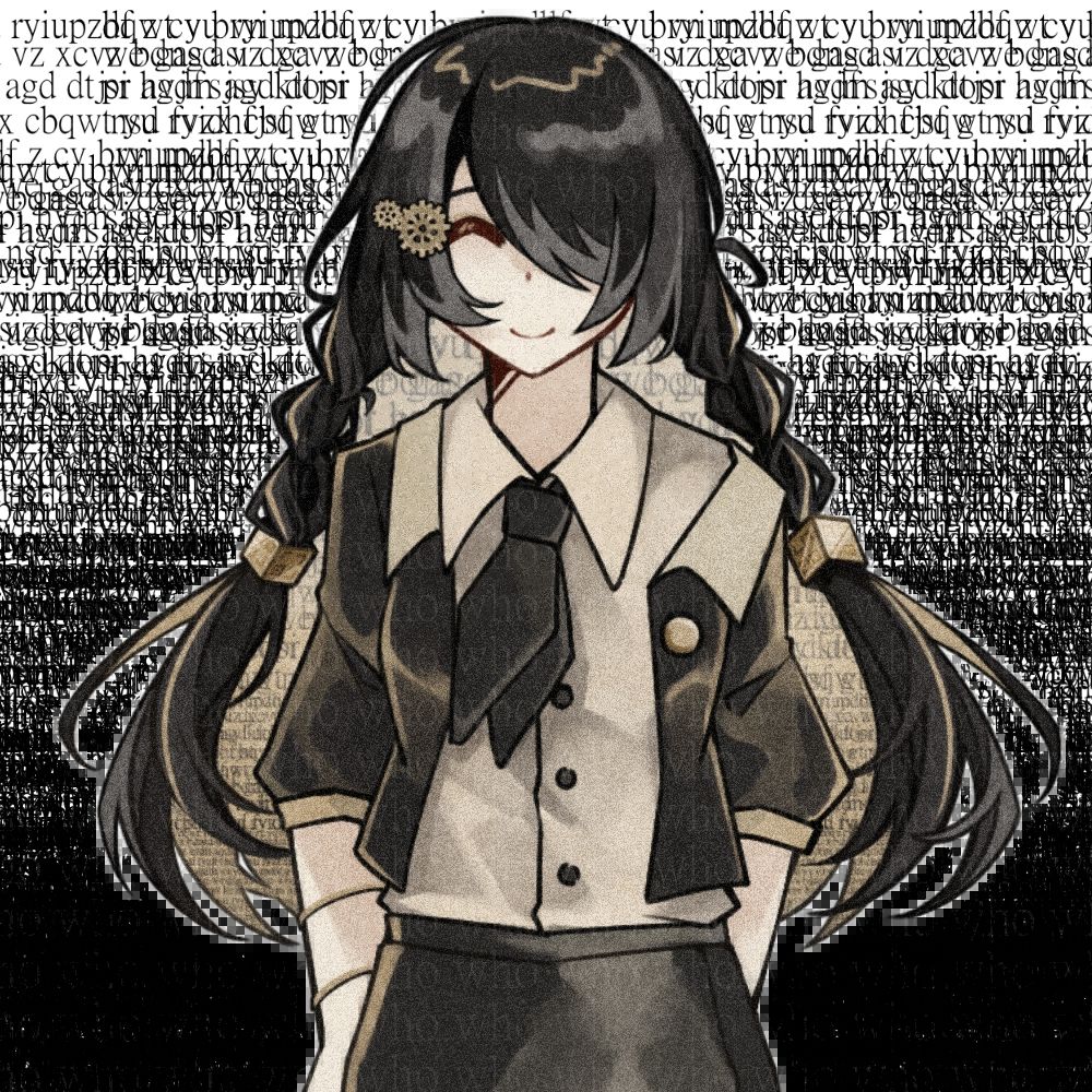 anime girl smiling in front of random text (seriously i keyboard smashed to write that text)