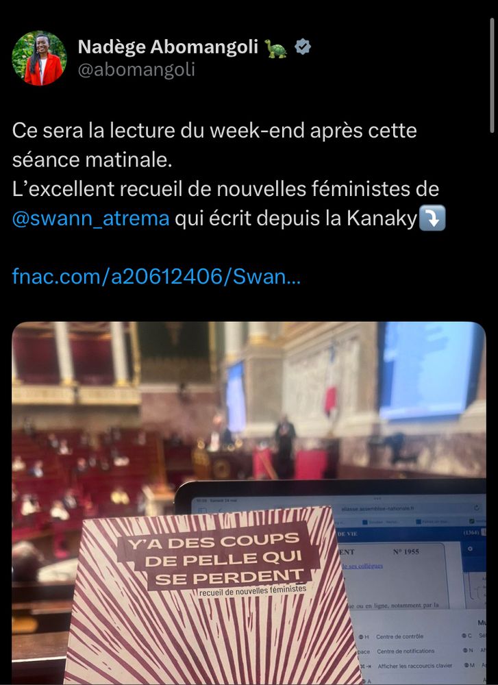 Tweet de Nadege Abomangoli : "Ce sera la lecture du week-end après cette séance matinale. L’excellent recueil de nouvelles féministes de @swann_atrema qui écrit depuis la Kanaky⤵️" 

Avec une photo du recueil devant son ordinateur et en arrière : l’hémicycle.