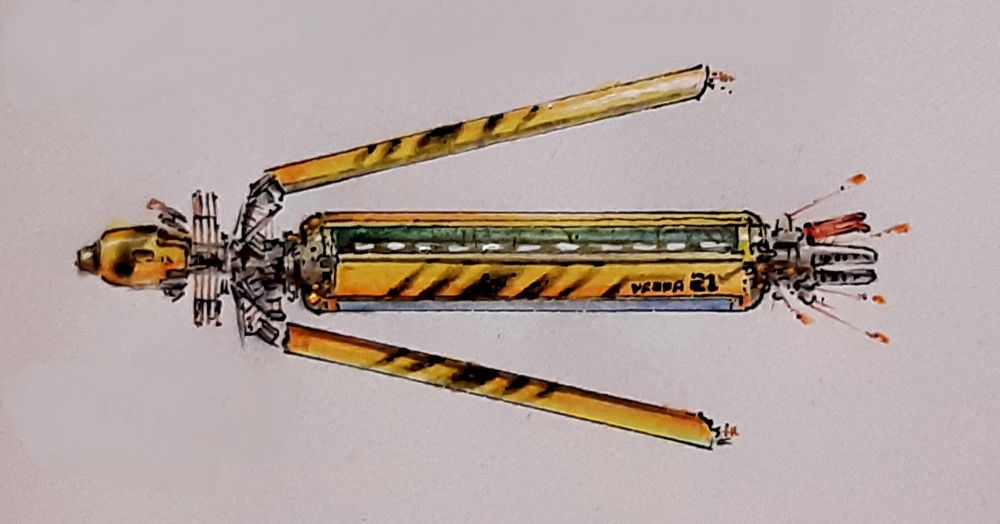 Coloured pencil drawing of a bright yellow and black O'Neill cylinder with two large daylight mirrors, giving it a vague resemblance to a wasp.