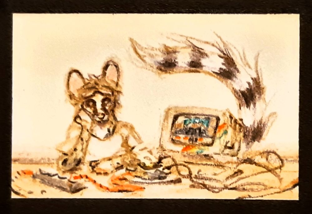 Coloured pencil doodle of anthropomorphic genet successfully running Doom on a baked potato.