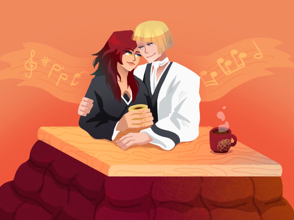 A lineless art piece of Shinji Hirako in his Captain's robe sitting at a Kotatsu table with a redhaired woman holding a mug in her hands. There is a soft orange background and music notes floating behind them.