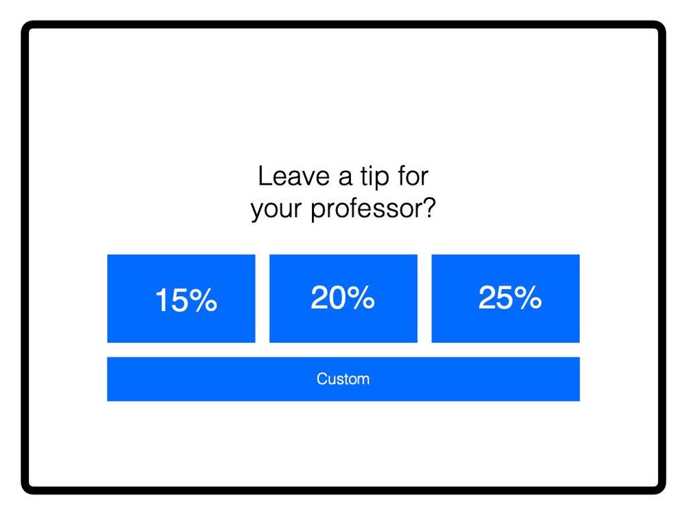Joke about the state of academia and teaching in the US. The image shows a POS screen with tip options (15%, 20%, 25%). The question is "Leave a tip for your professor?"