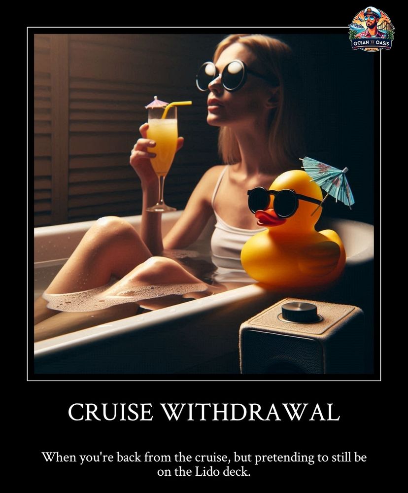 A woman sitting in her bathtub, drinking a cocktail, pretending to be in the hot tub on the Lido deck.  A small rubber duck and speaker playing steel drum music are close by.
