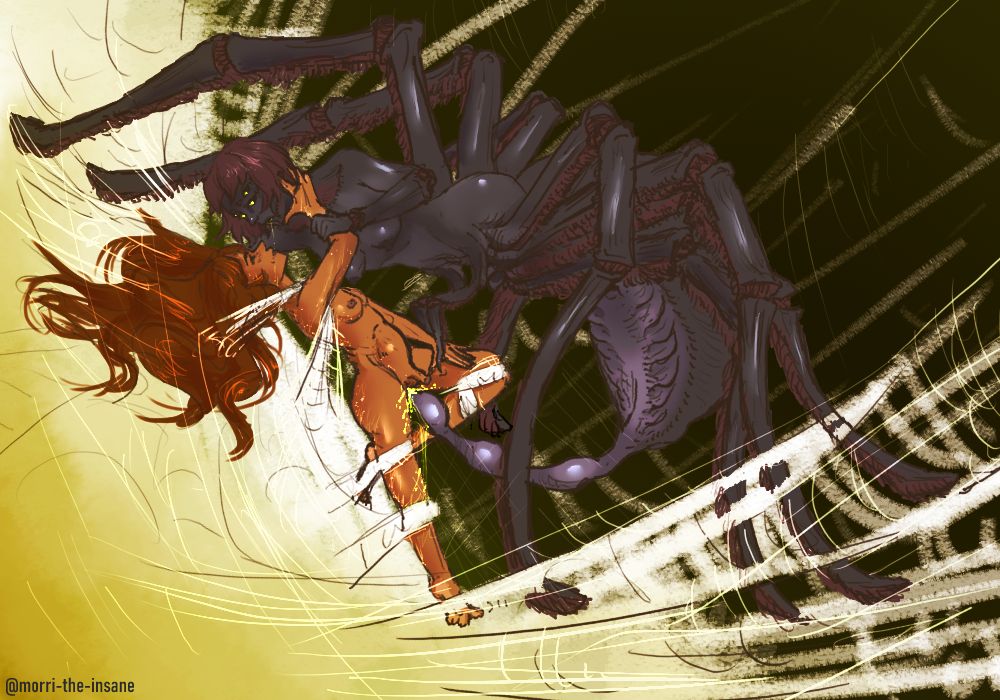 a spider girl and a woman are having sex. the woman caresses the spider girl's face as she drools on her, while cumming eggs into her at the same time.