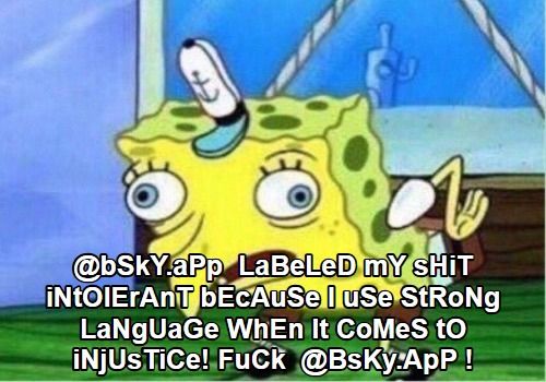 @bSkY.aPp  LaBeLeD mY sHiT iNtOlErAnT bEcAuSe I uSe StRoNg LaNgUaGe WhEn It CoMeS tO iNjUsTiCe! FuCk  @BsKy.ApP !