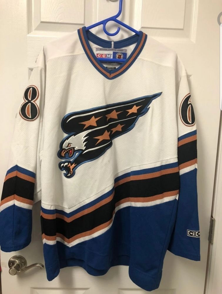 Washington Capitals CCM white screaming eagle jersey with the number 68 on the shoulders