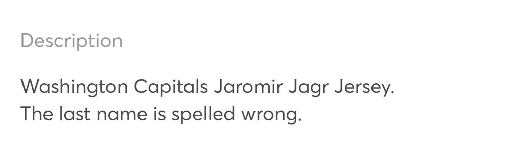 Text screenshot:
Description: Washington Capitals Jaromir Jagr Jersey. The last name is spelled wrong. 