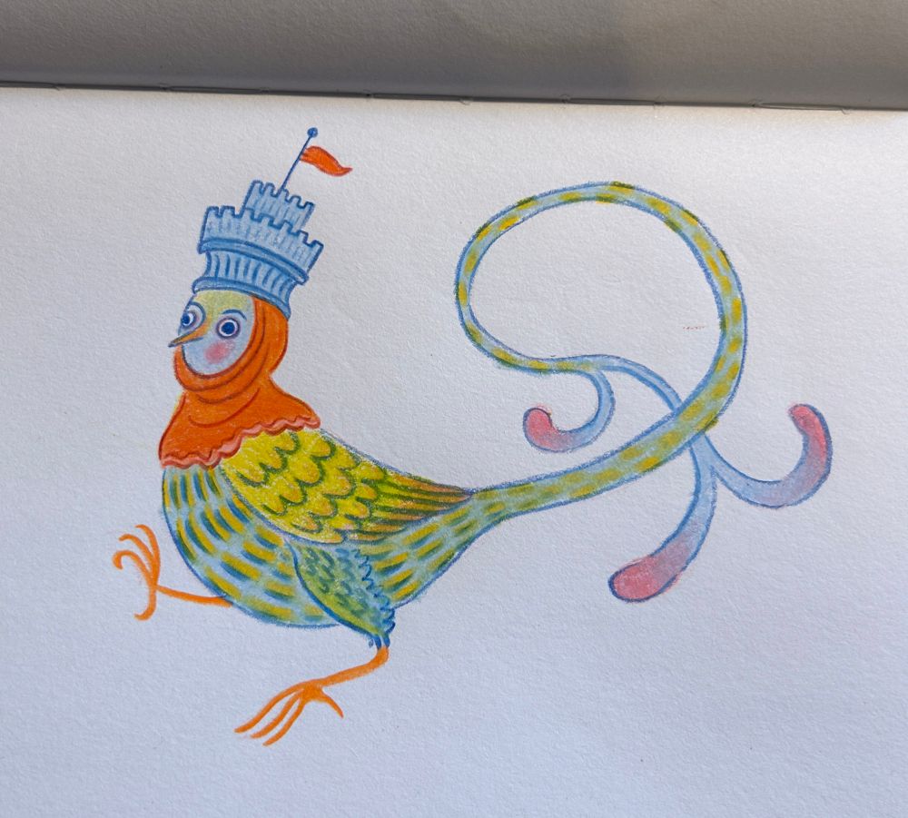 Another medieval-y creature. This one is mostly blue and red with a bit of yellow/chartreuse and she has a castle on her head!