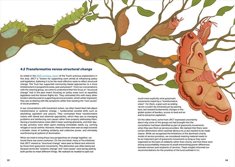 A spread from a report I illustrated and designed for JCRT. It shows the life cycle of a cecropia moth along a lichen-studded branch with paragraphs of text below.