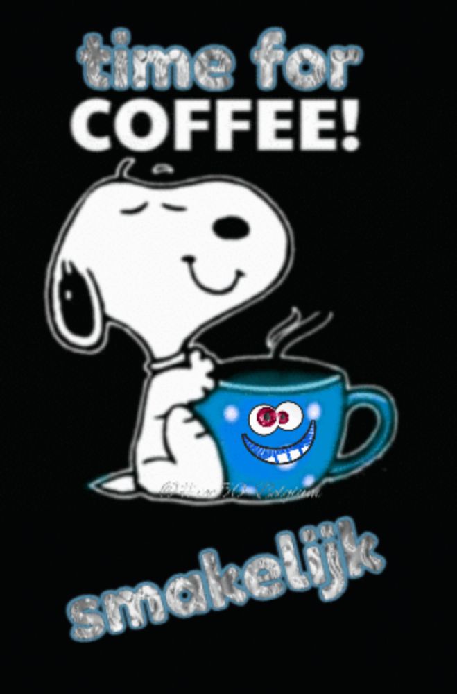 a cartoon of snoopy holding a cup of coffee that says time for coffee smakelijk