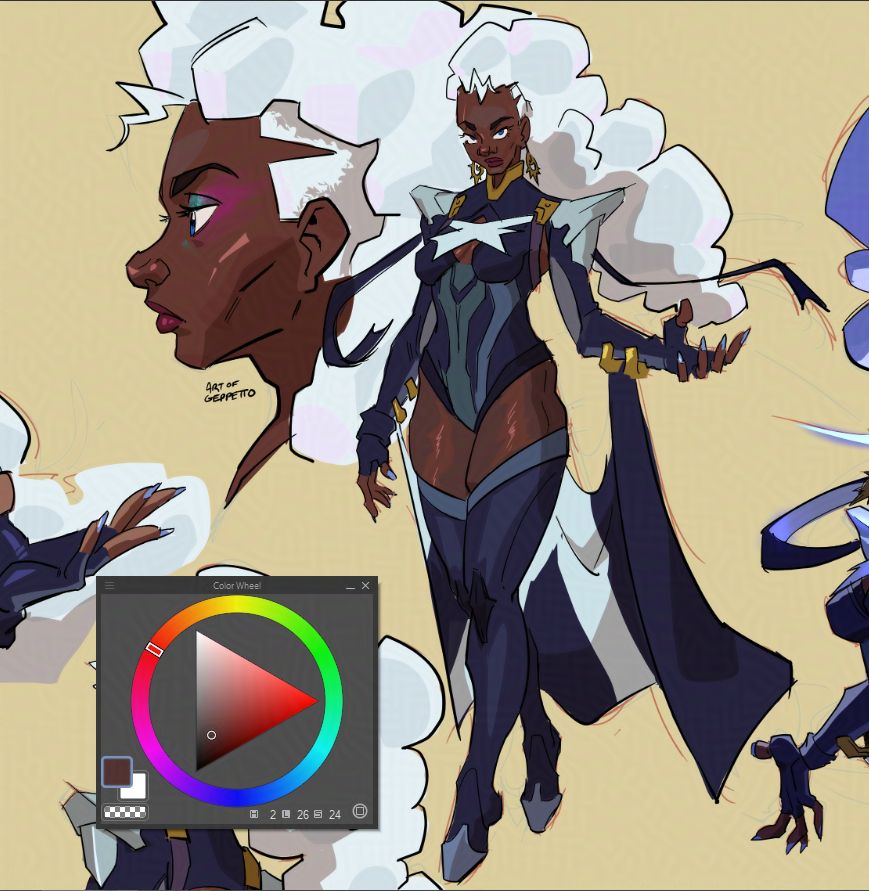 A screengrab from a sketchpage of Storm as depicted 6v6 game Marvel Rivals. She floats in space with an arm outstretched to the side. Fingers coiled in as if about to unleash some power. Yet she looks relaxed! Beside it is a portrait bust.