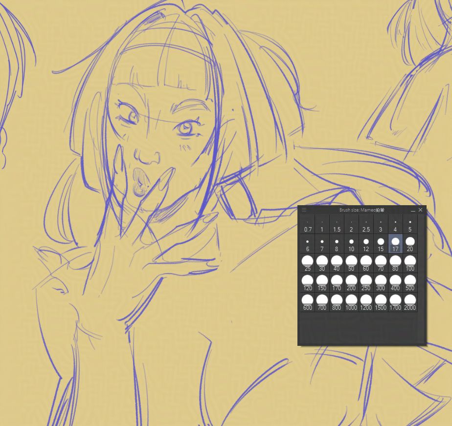 A sketch with blue pencil of Astra Yao from Zenless Zone Zero. She's covering the bottom of her face with a splayed hand while puckering her lips and looking at camera