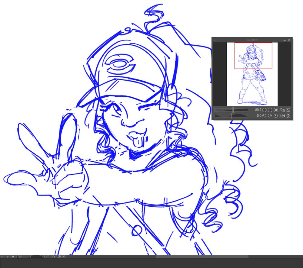 A screengrab of CLIP STUDIO PAINT with a drawing of Hilda from Pokemon Black & White. She has an outstretched hand doing a modified peace sign with her thumb sticking out. She's also sticking out her tongue